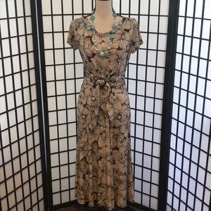 A brown, cream and turquoise dress